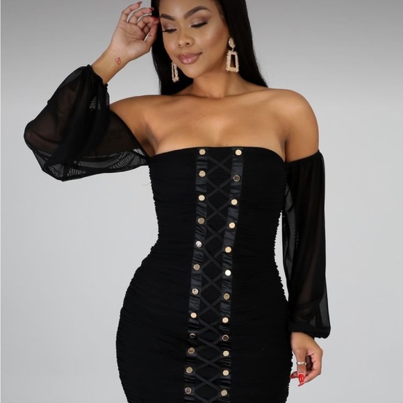!Sold!❌ New Black Off The Shoulder Mesh Overlay Long Sleeve Dress - Picture 2 of 3